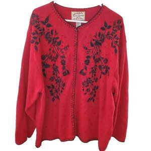 Heirloom Collectibles Womens Red Cardigan Size 26/28 Embroidery Beaded Floral